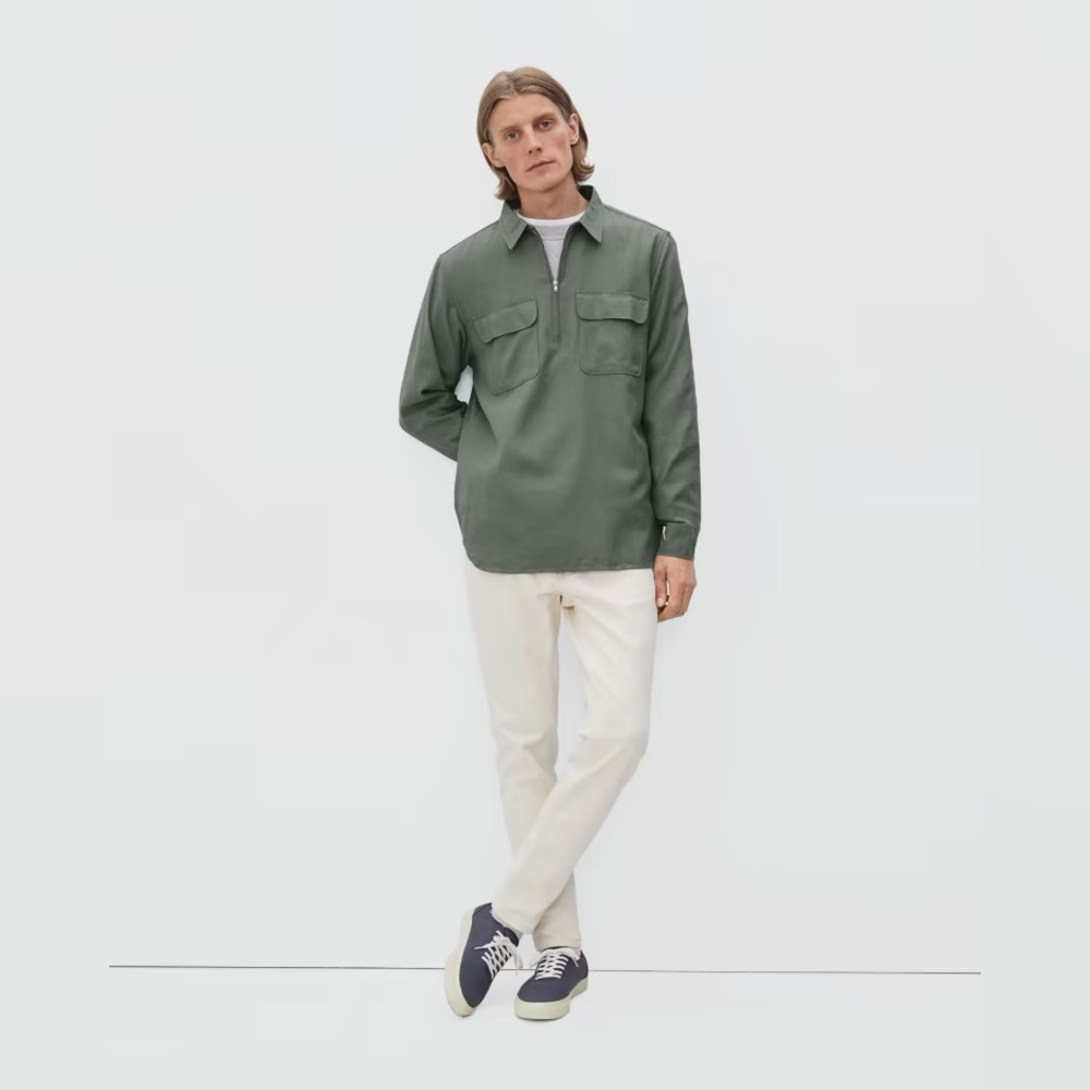 Everlane The Quarter Zip Popover Shirt Dark Sage Green Medium Mens - Picture 2 of 6